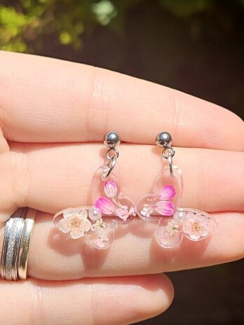 Pink Resin Floral Butterfly Earrings