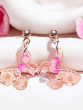 Pink Resin Floral Butterfly Earrings
