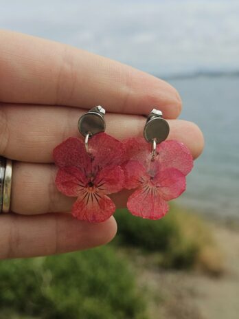 Pink Viola Dangling Stud Earrings