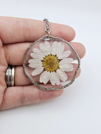 Pressed White Daisy Resin Necklace