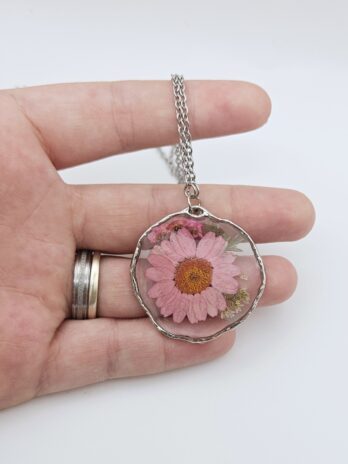 Pressed Pink Daisy Resin Necklace