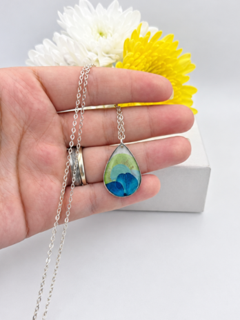 Blue & Green Hydrangea Real Flower Teardrop Necklace