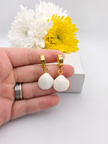 White Polymer Clay Seashell Huggie Earrings