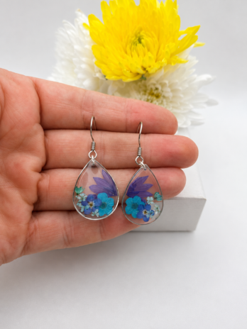 Blue Real Flower Teardrop Earrings