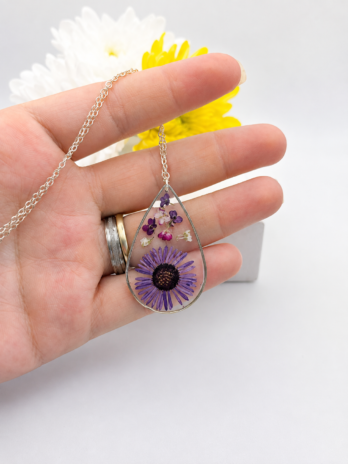 Purple Daisy Real Flower Teardrop Necklace