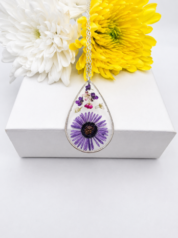 Purple Daisy Real Flower Teardrop Necklace