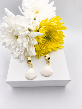 White Polymer Clay Seashell Huggie Earrings