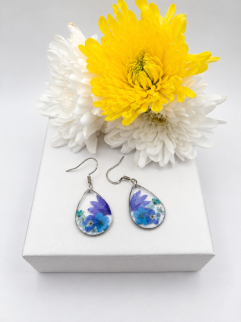 Blue Real Flower Teardrop Earrings