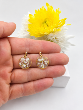 White Real Flower Gold Drop Earrings