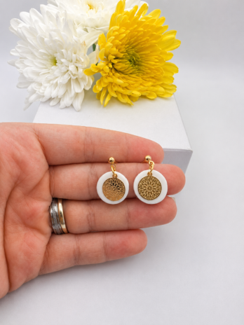 White & Gold Mandala Polymer Clay Earrings