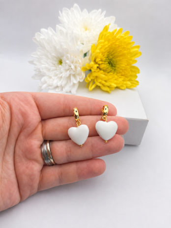 White Heart Polymer Clay Earrings